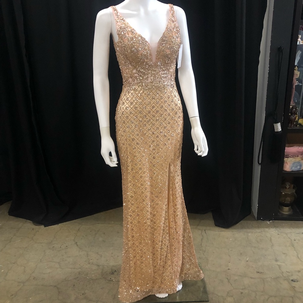 Val Stefani Gold Glitter Prom Dress - Style 3734RC